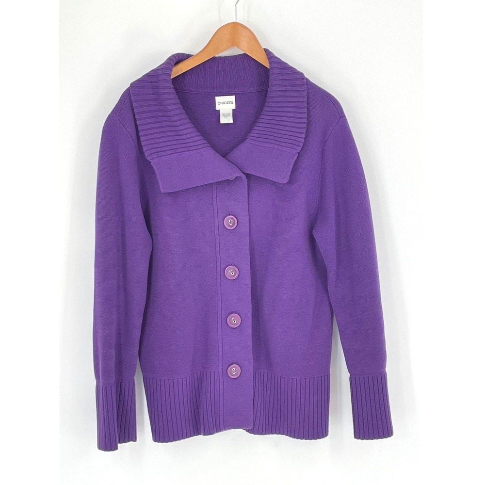 Chico's Women Cardigan 3 Sweater Purple Button Ribbed‎ Shawl Collar L/XL